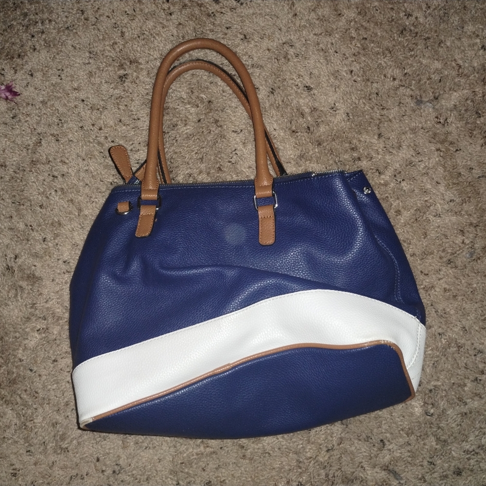 GUESS 2 Zipper handbag Multi Pocket Blue & White Brown Straps Cheetah P Lining - Picture 2 of 9